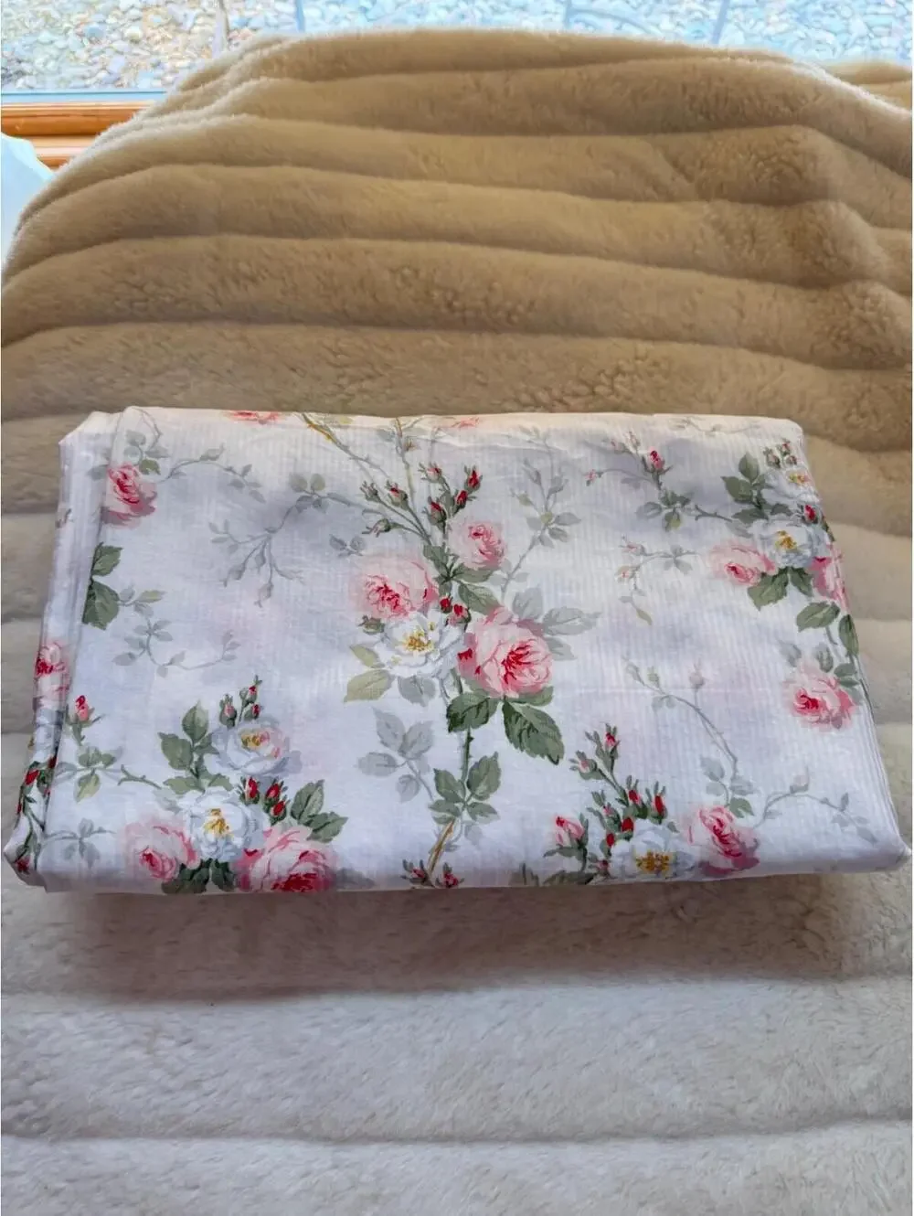 Ralph Lauren Meadow Way Twin Duvet Cover-Pink Roses on White-Cottage-Cotton 1990